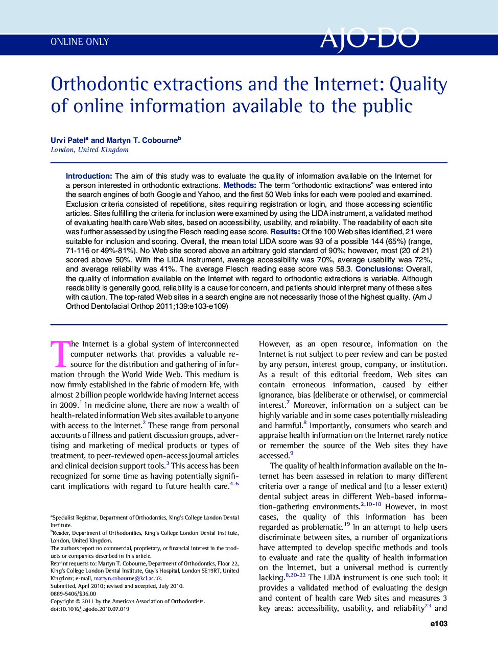 Orthodontic extractions and the Internet: Quality of online information available to the public 