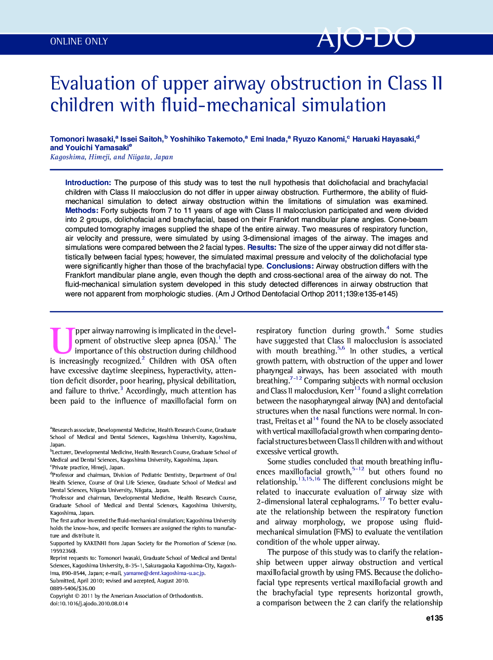 Evaluation of upper airway obstruction in Class II children with fluid-mechanical simulation 