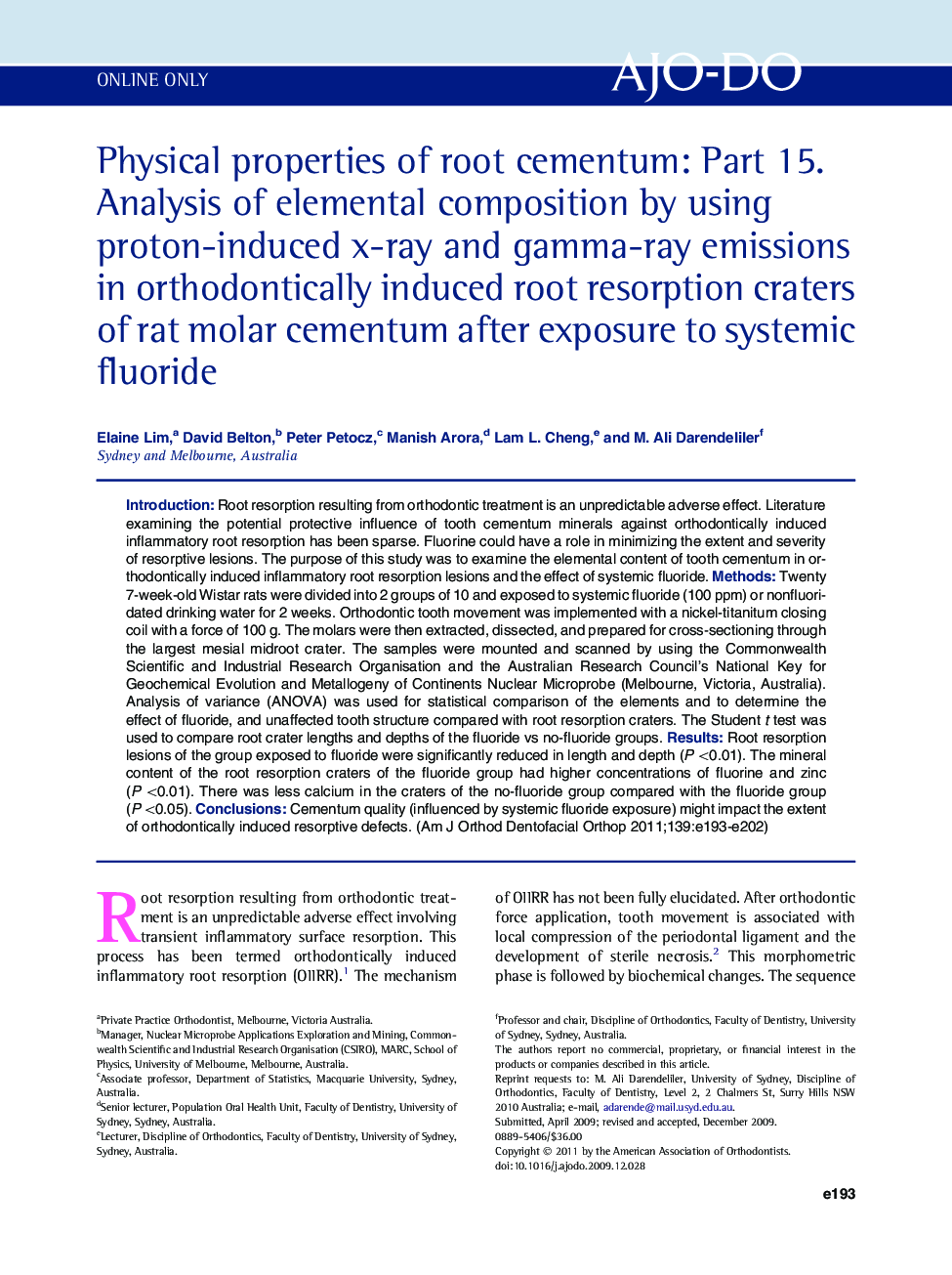 Physical properties of root cementum: Part 15. Analysis of elemental composition by using proton-induced x-ray and gamma-ray emissions in orthodontically induced root resorption craters of rat molar cementum after exposure to systemic fluoride 