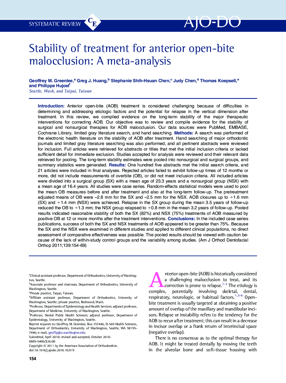 Stability of treatment for anterior open-bite malocclusion: A meta-analysis