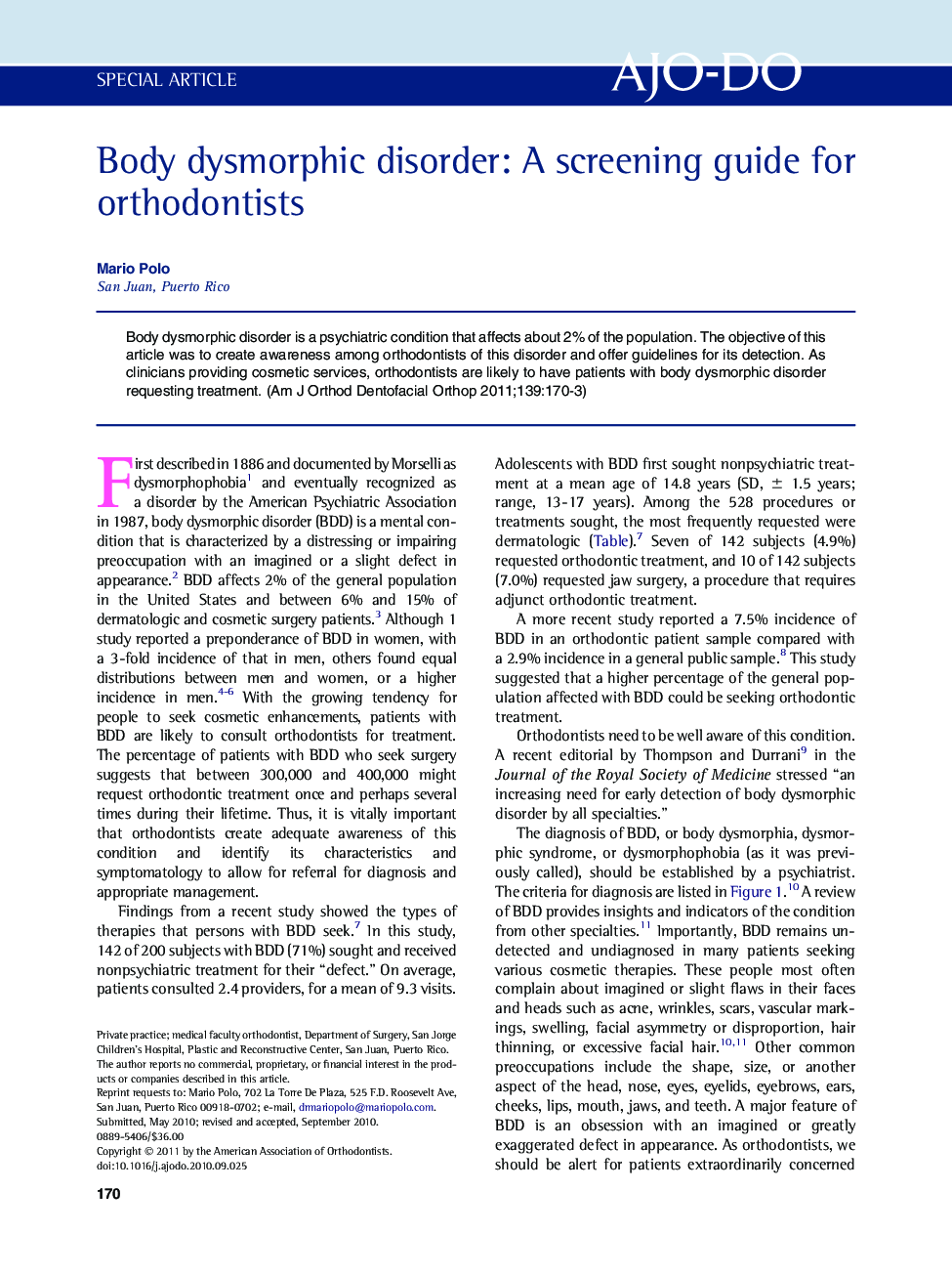 Body dysmorphic disorder: A screening guide for orthodontists 