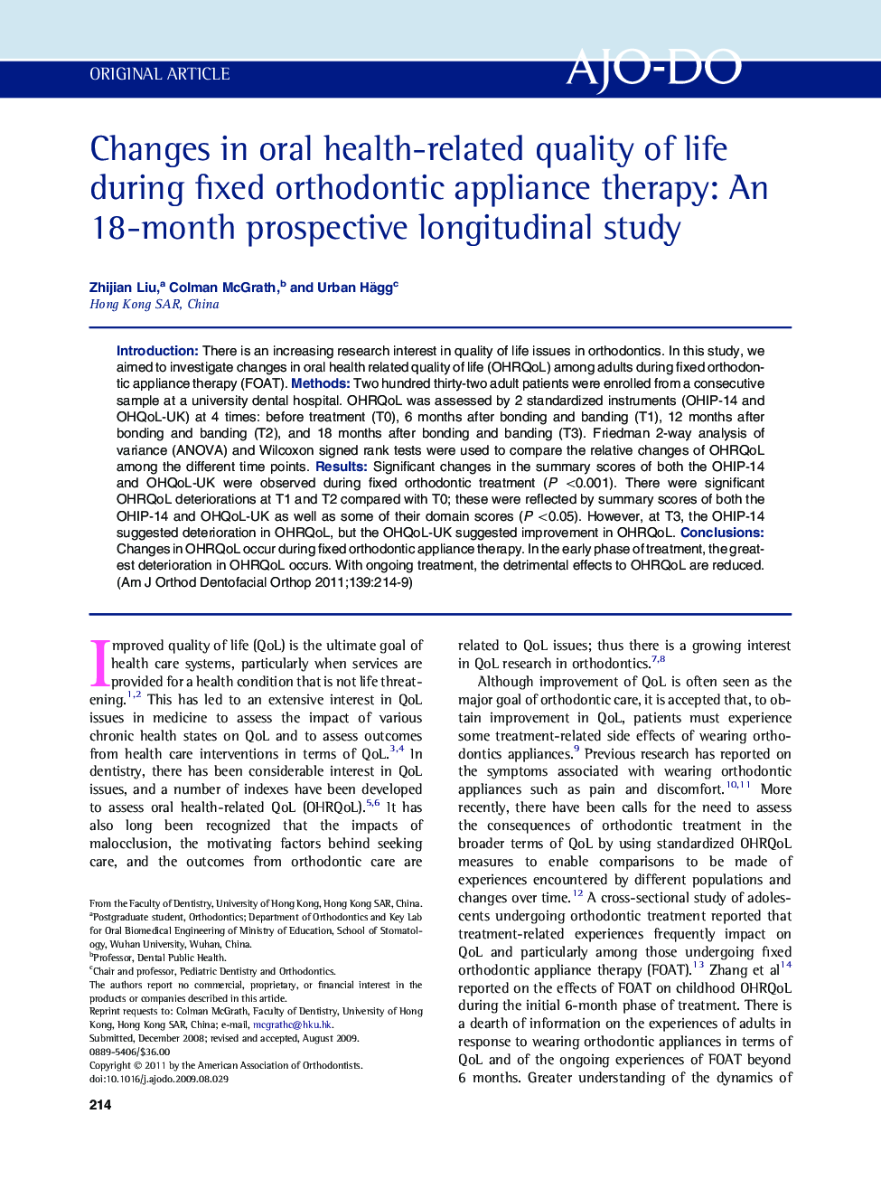 Changes in oral health-related quality of life during fixed orthodontic appliance therapy: An 18-month prospective longitudinal study 