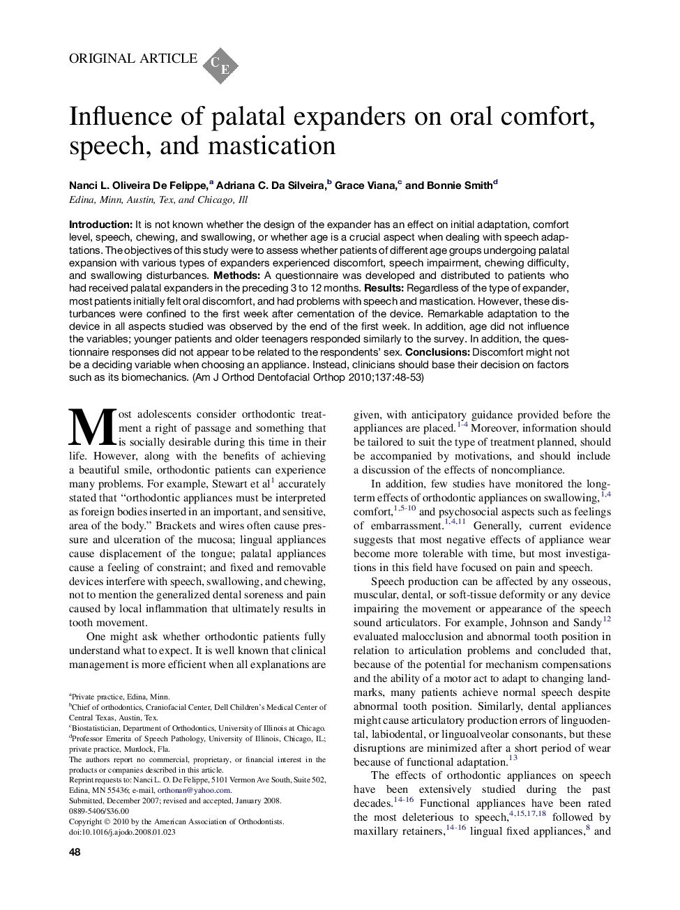 Influence of palatal expanders on oral comfort, speech, and mastication 