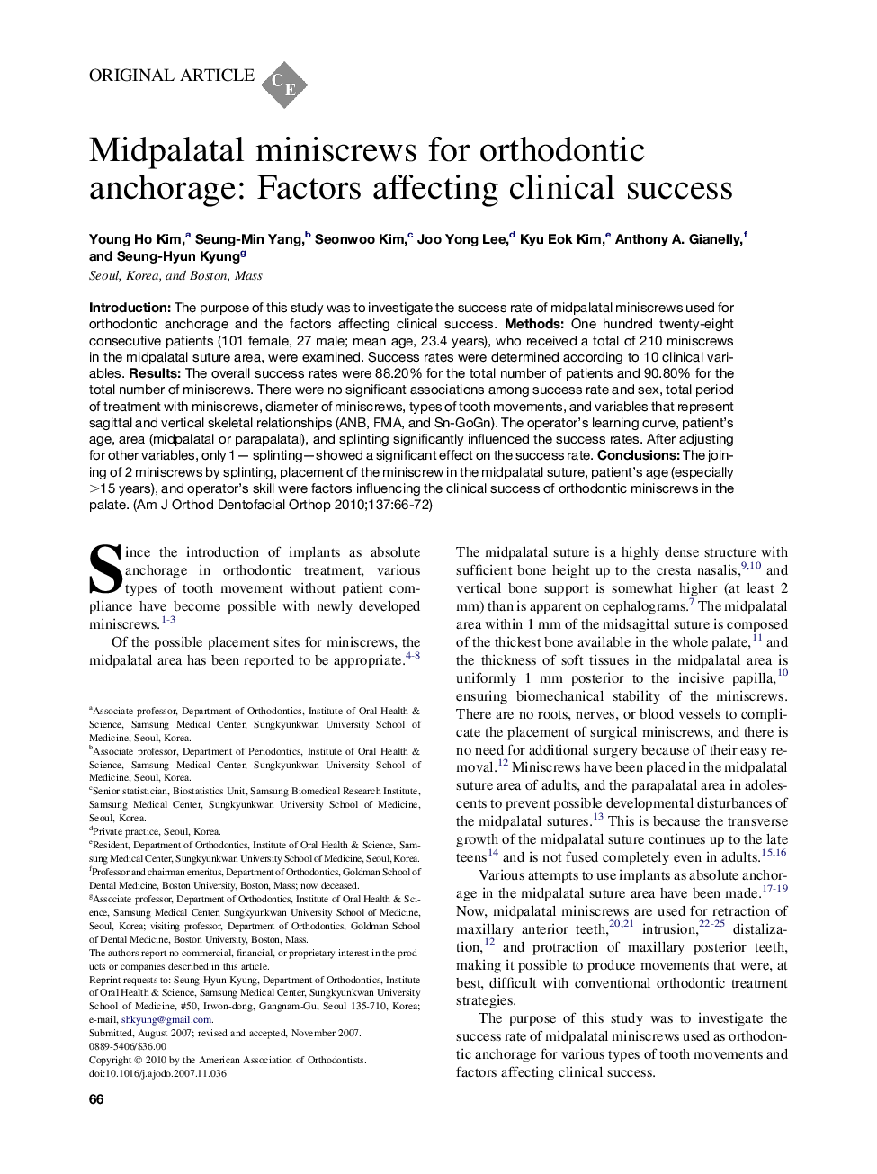 Midpalatal miniscrews for orthodontic anchorage: Factors affecting clinical success 