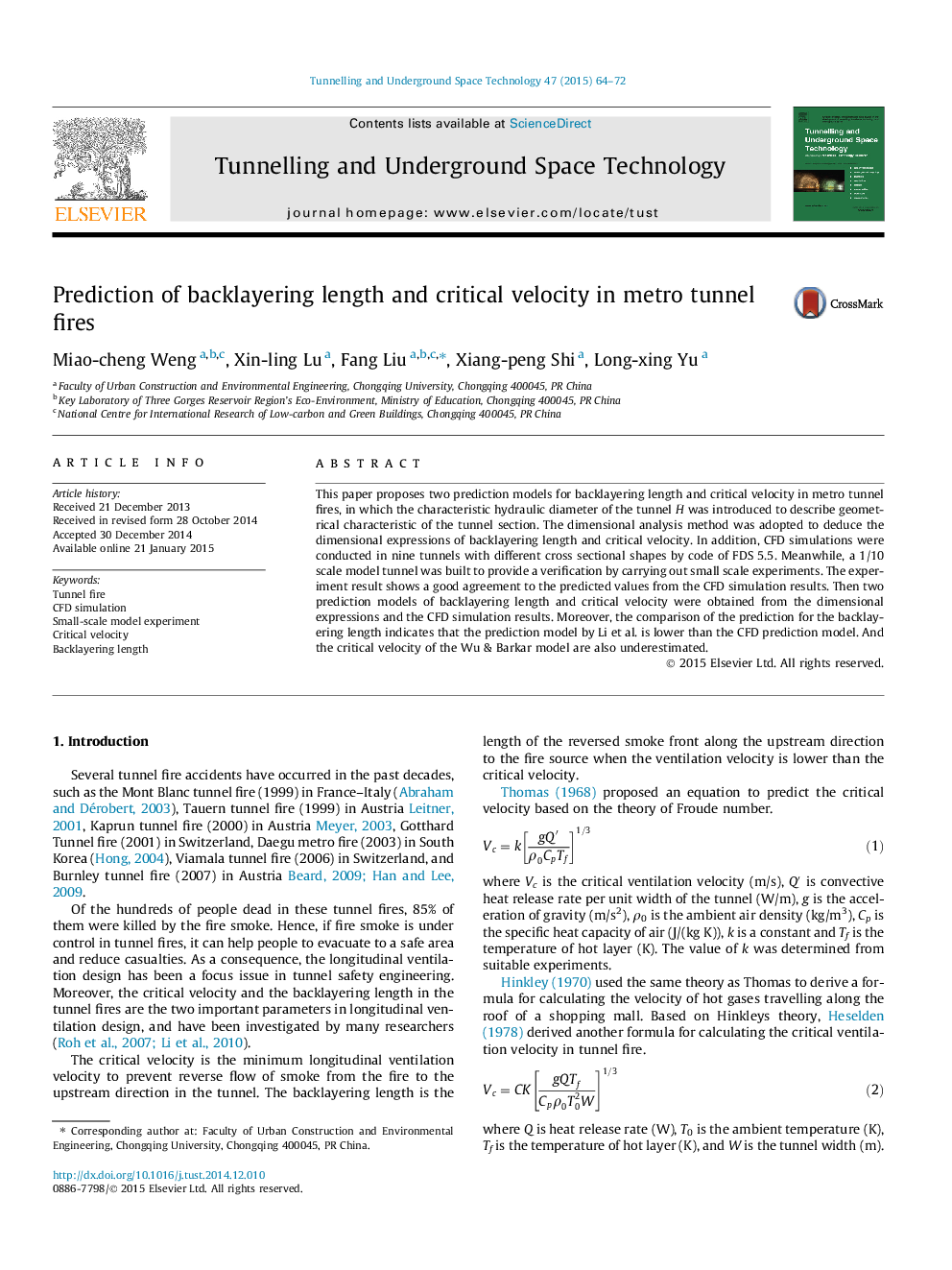 Prediction of backlayering length and critical velocity in metro tunnel fires