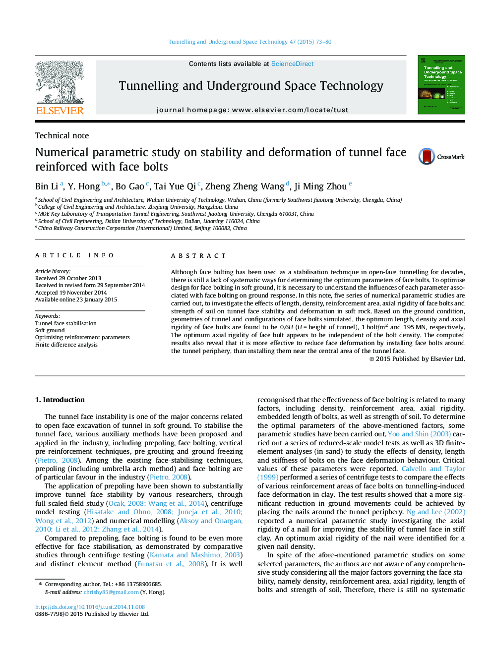 Numerical parametric study on stability and deformation of tunnel face reinforced with face bolts