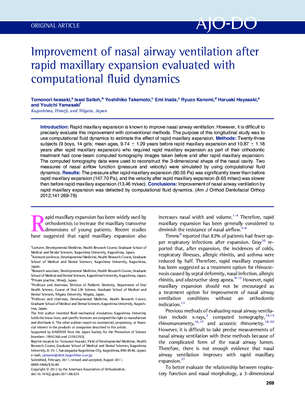 Improvement of nasal airway ventilation after rapid maxillary expansion evaluated with computational fluid dynamics 