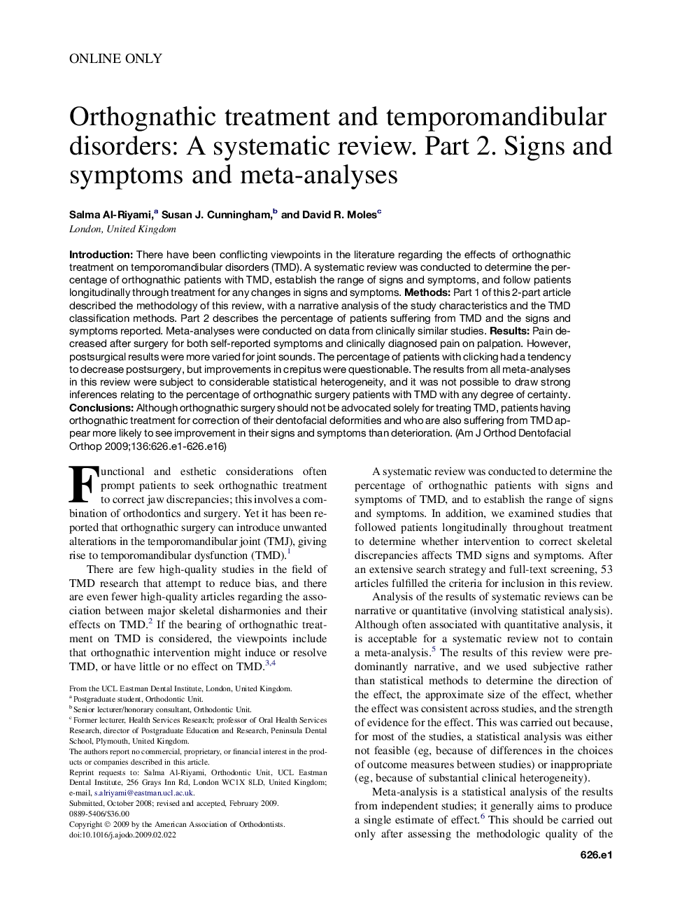 Orthognathic treatment and temporomandibular disorders: A systematic review. Part 2. Signs and symptoms and meta-analyses