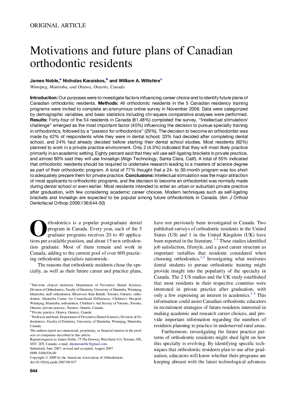 Motivations and future plans of Canadian orthodontic residents 