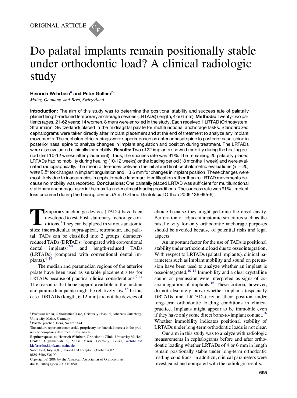 Do palatal implants remain positionally stable under orthodontic load? A clinical radiologic study 