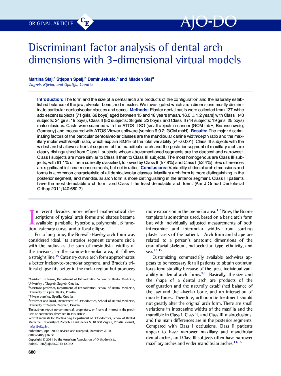 Discriminant factor analysis of dental arch dimensions with 3-dimensional virtual models 