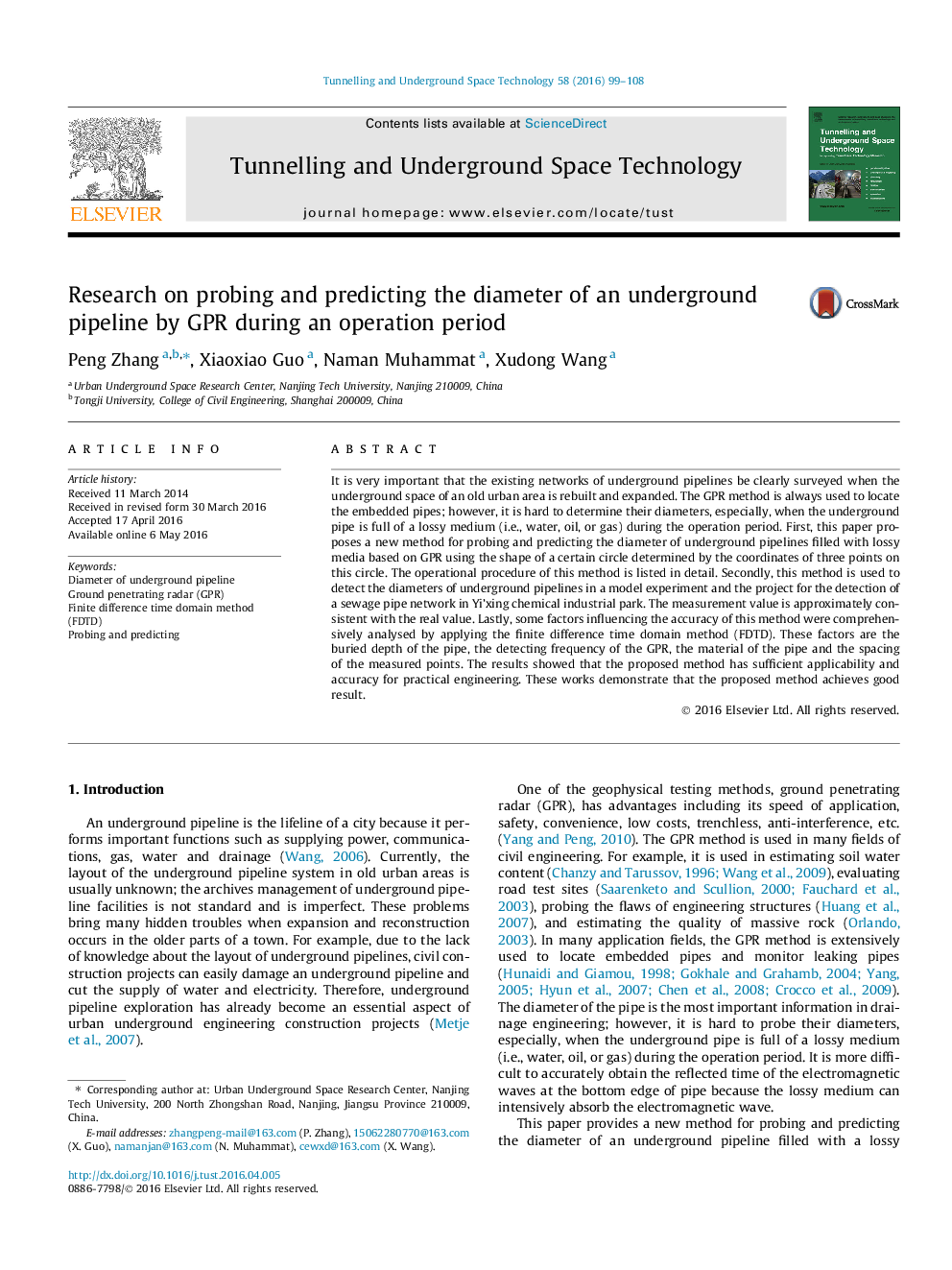 Research on probing and predicting the diameter of an underground pipeline by GPR during an operation period