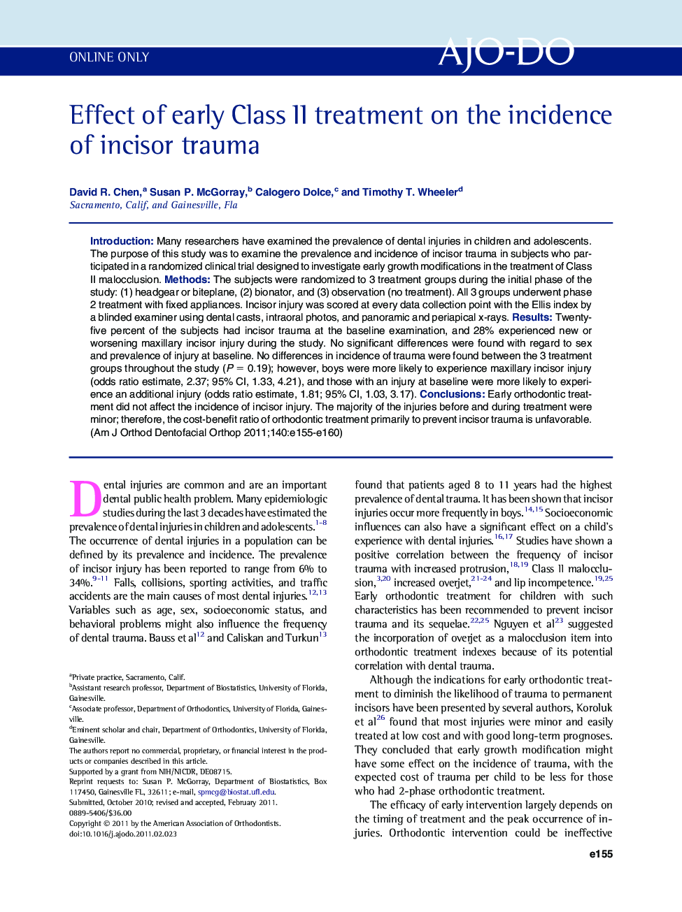 Effect of early Class II treatment on the incidence of incisor trauma 