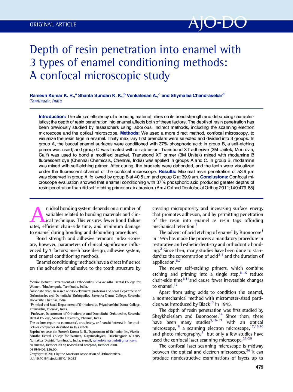 Depth of resin penetration into enamel with 3 types of enamel conditioning methods: A confocal microscopic study 