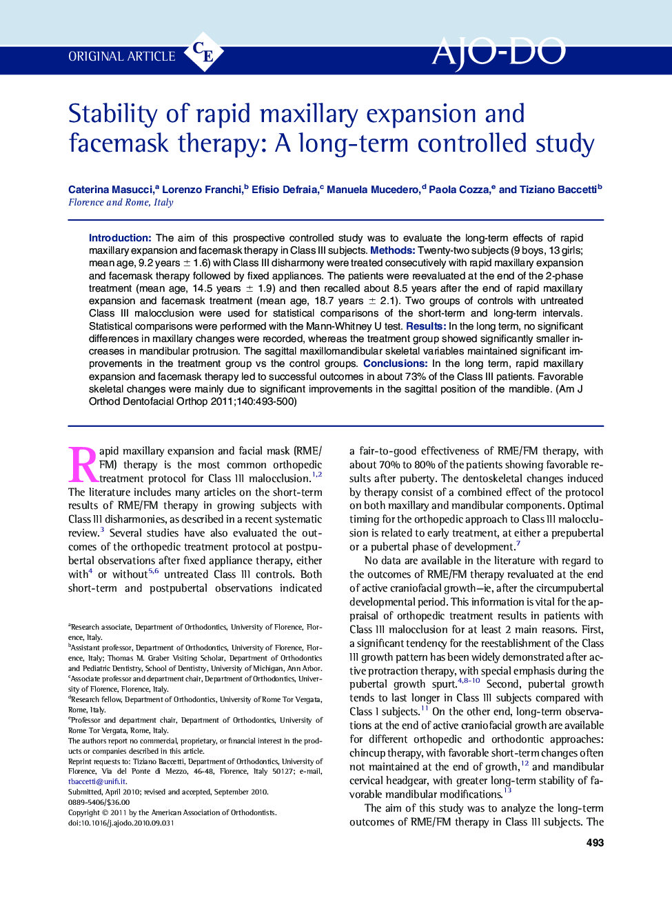 Stability of rapid maxillary expansion and facemask therapy: A long-term controlled study 