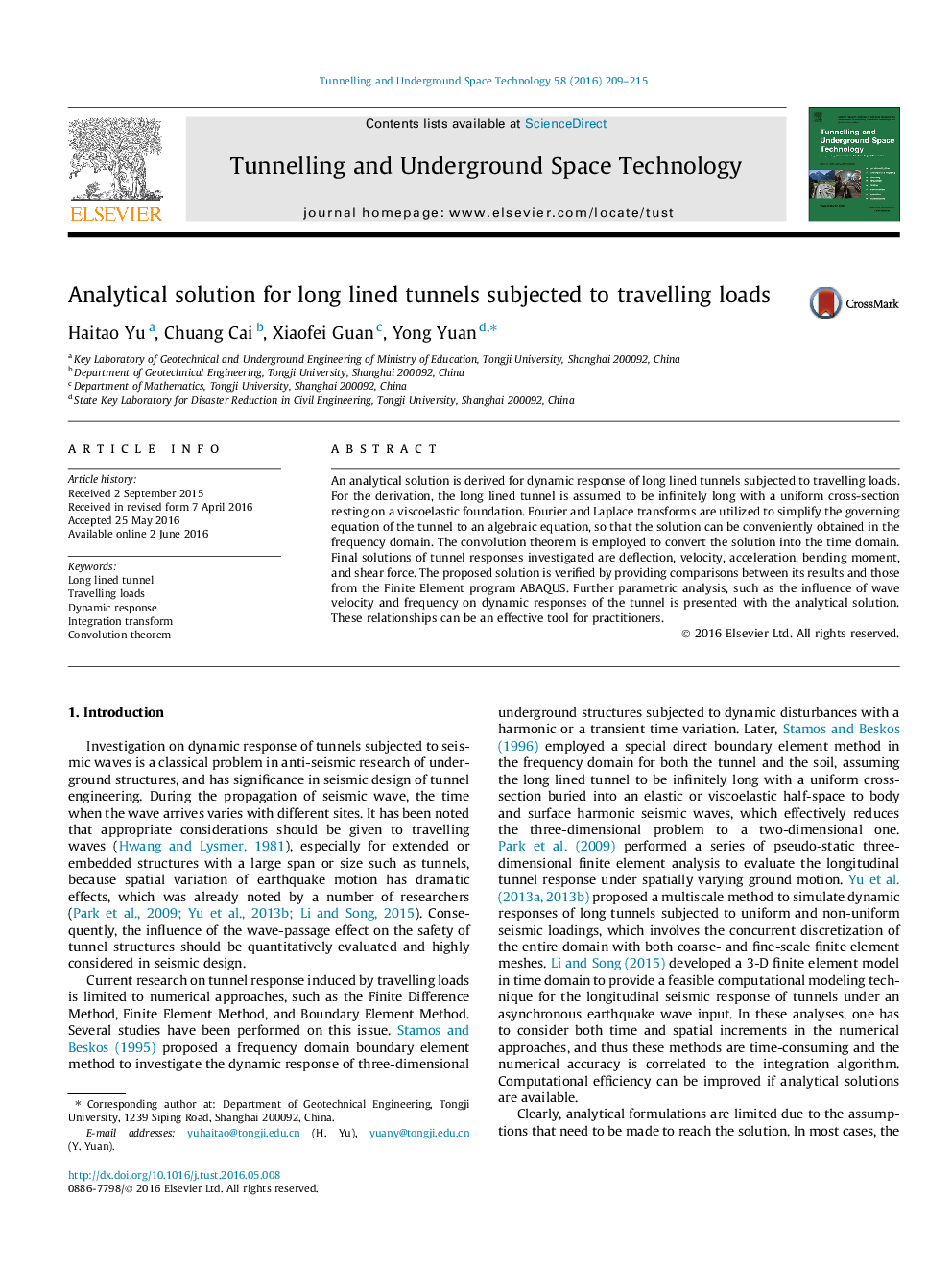 Analytical solution for long lined tunnels subjected to travelling loads