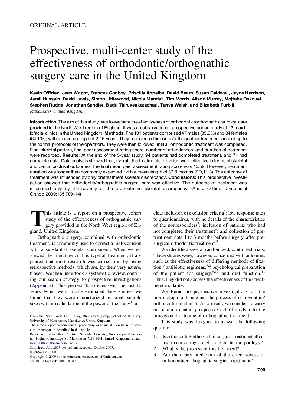 Prospective, multi-center study of the effectiveness of orthodontic/orthognathic surgery care in the United Kingdom 