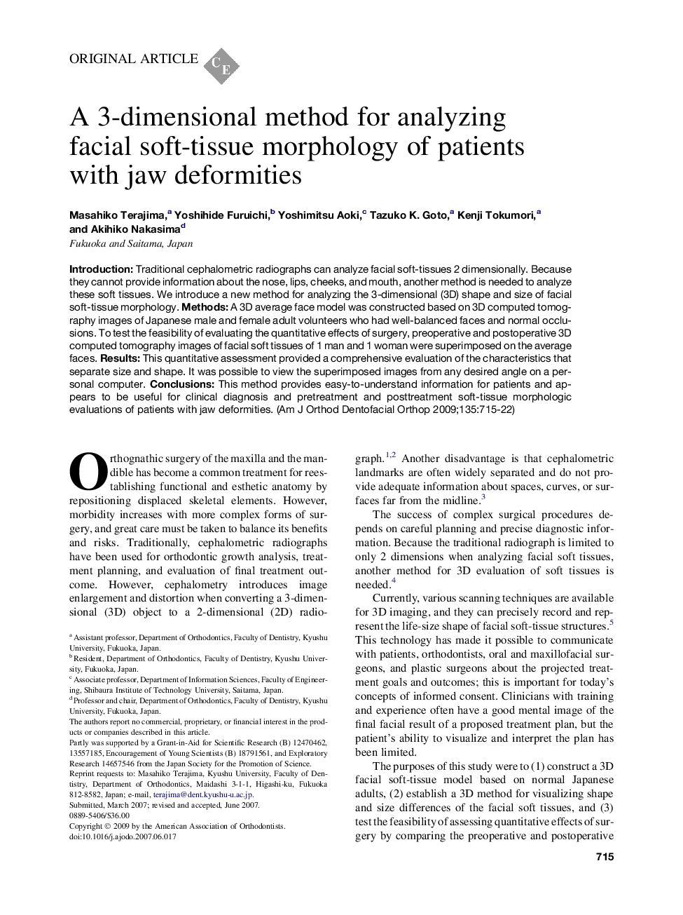 A 3-dimensional method for analyzing facial soft-tissue morphology of patients with jaw deformities 