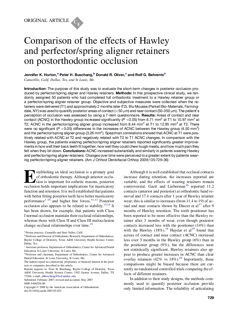 Comparison of the effects of Hawley and perfector/spring aligner retainers on postorthodontic occlusion 