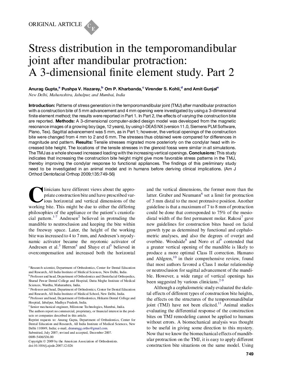 Stress distribution in the temporomandibular joint after mandibular protraction: A 3-dimensional finite element study. Part 2 