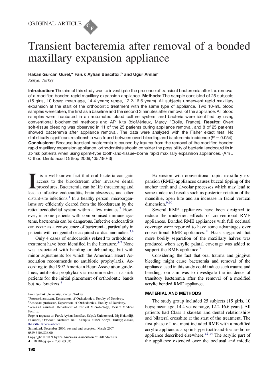 Transient bacteremia after removal of a bonded maxillary expansion appliance