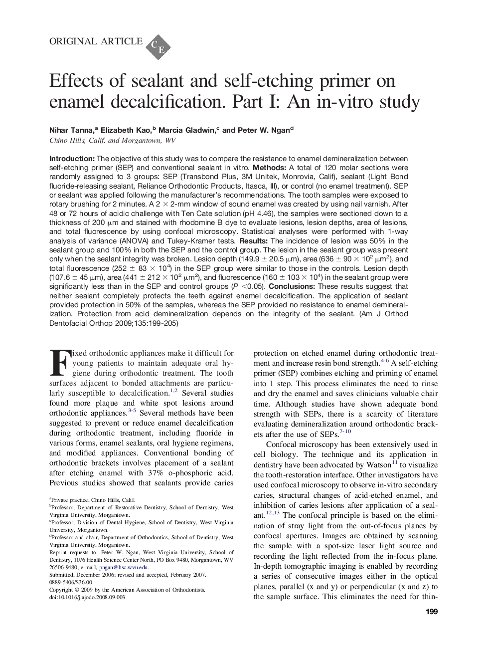 Effects of sealant and self-etching primer on enamel decalcification. Part I: An in-vitro study