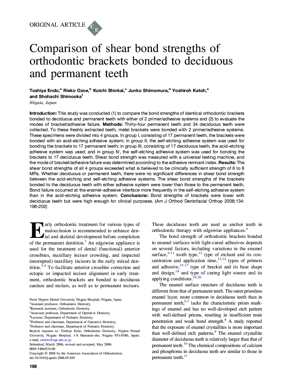 Comparison of shear bond strengths of orthodontic brackets bonded to deciduous and permanent teeth