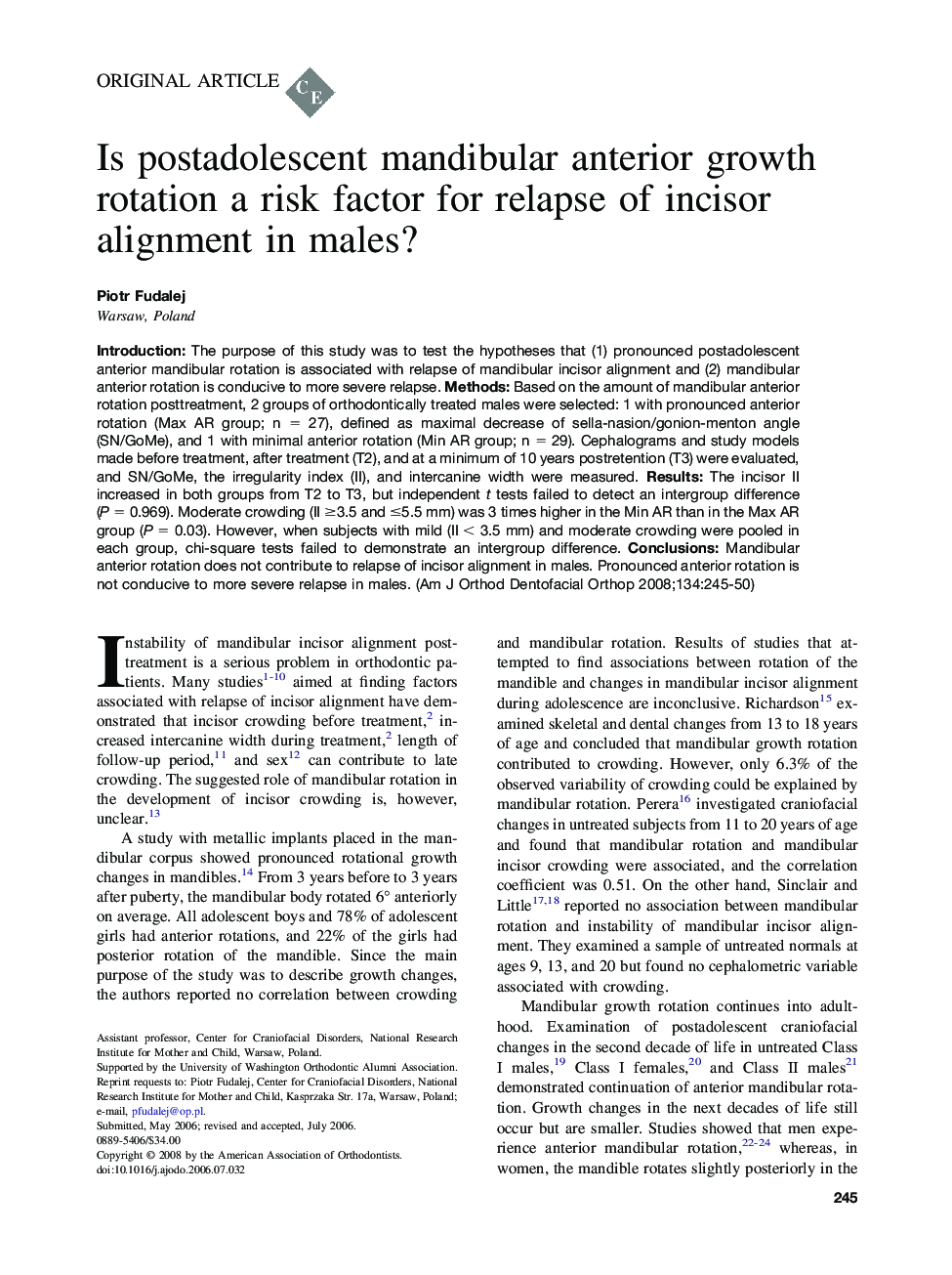 Is postadolescent mandibular anterior growth rotation a risk factor for relapse of incisor alignment in males? 