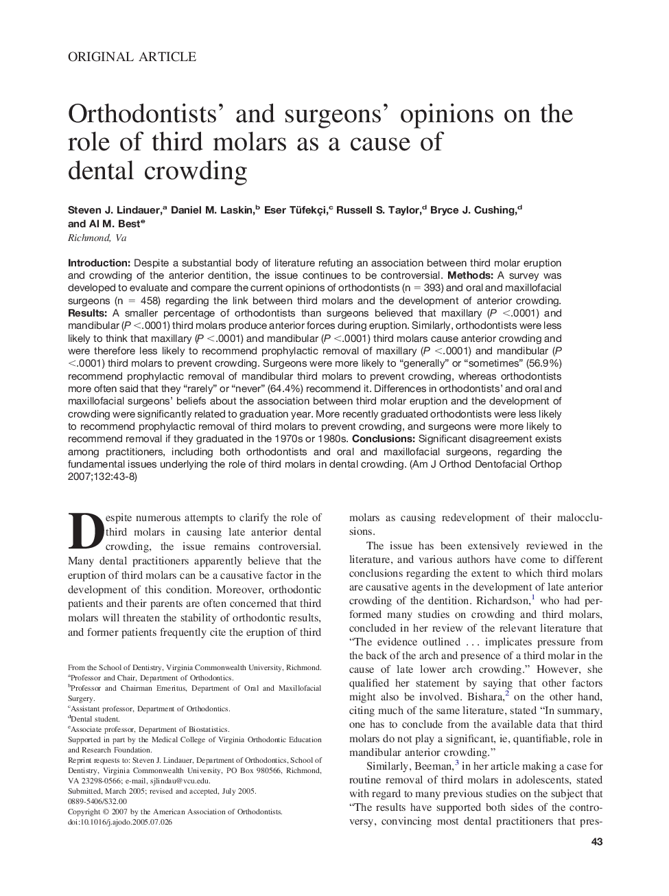 Orthodontists’ and surgeons’ opinions on the role of third molars as a cause of dental crowding 