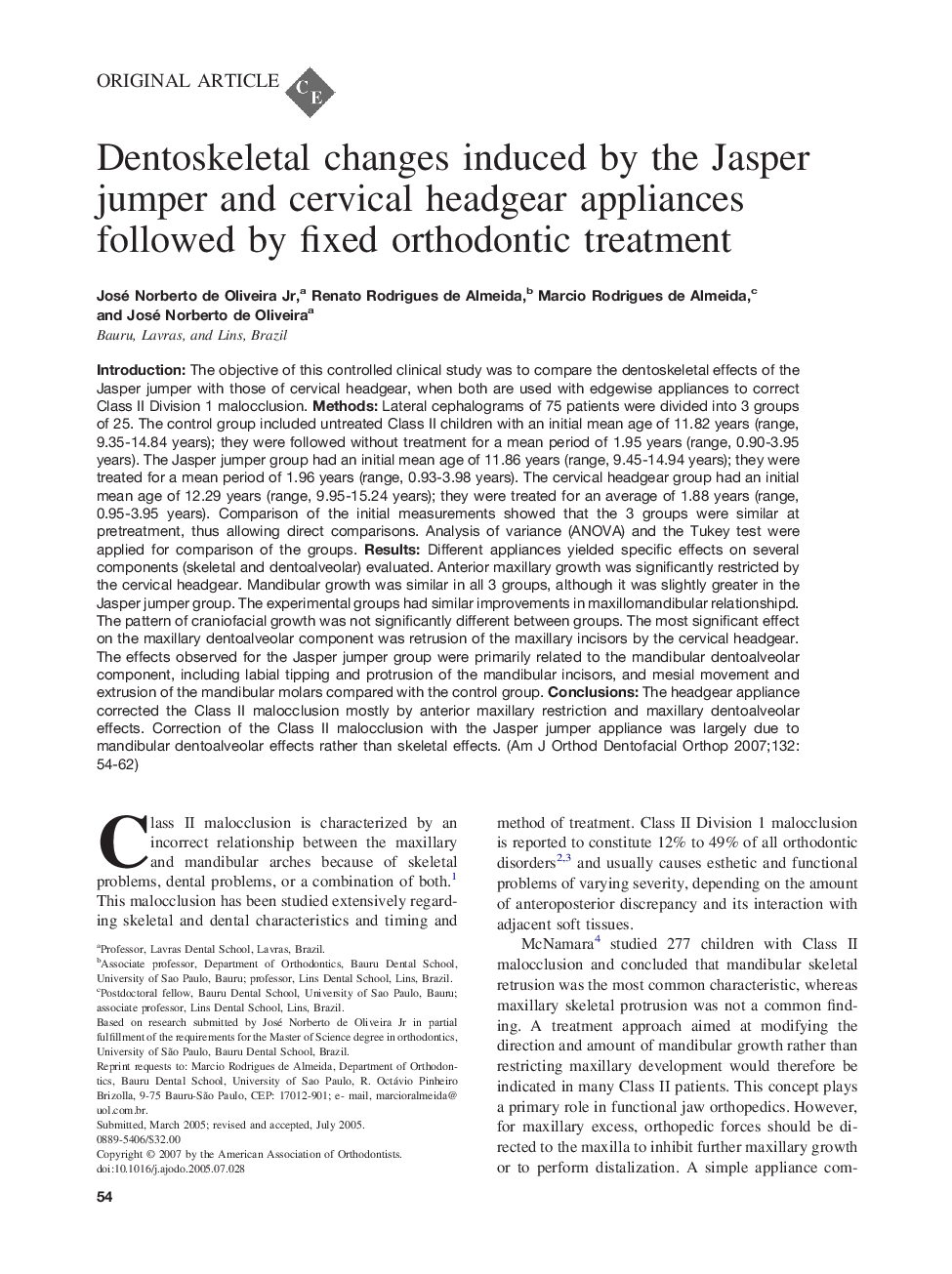 Dentoskeletal changes induced by the Jasper jumper and cervical headgear appliances followed by fixed orthodontic treatment 