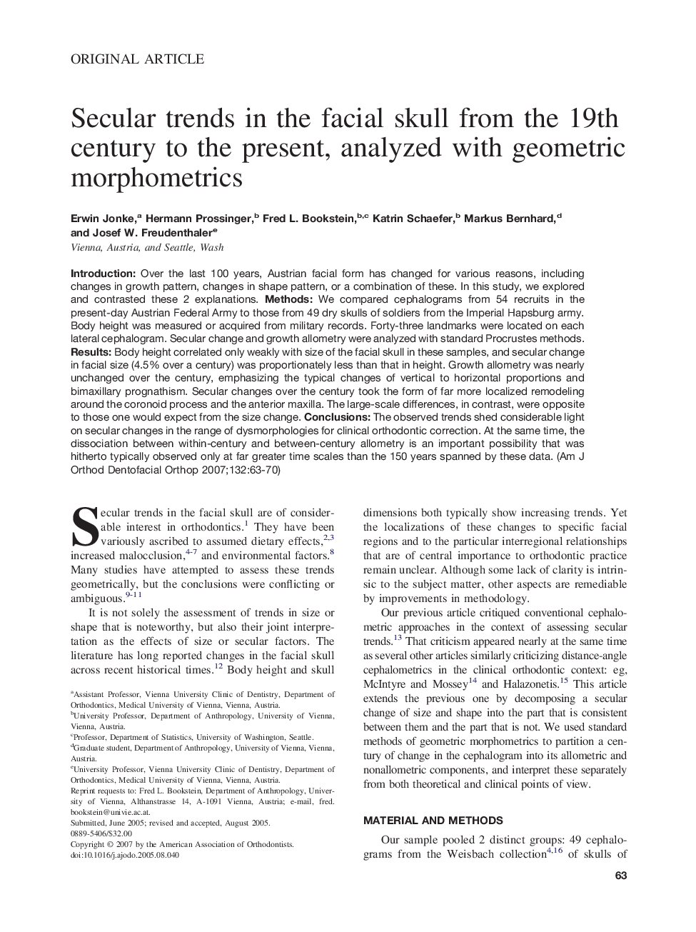 Secular trends in the facial skull from the 19th century to the present, analyzed with geometric morphometrics