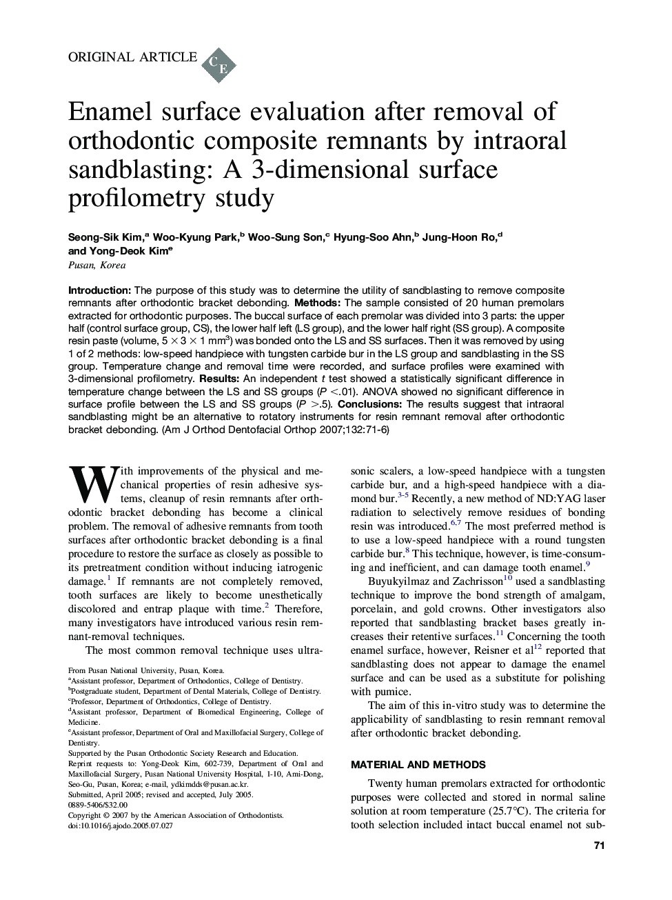 Enamel surface evaluation after removal of orthodontic composite remnants by intraoral sandblasting: A 3-dimensional surface profilometry study 