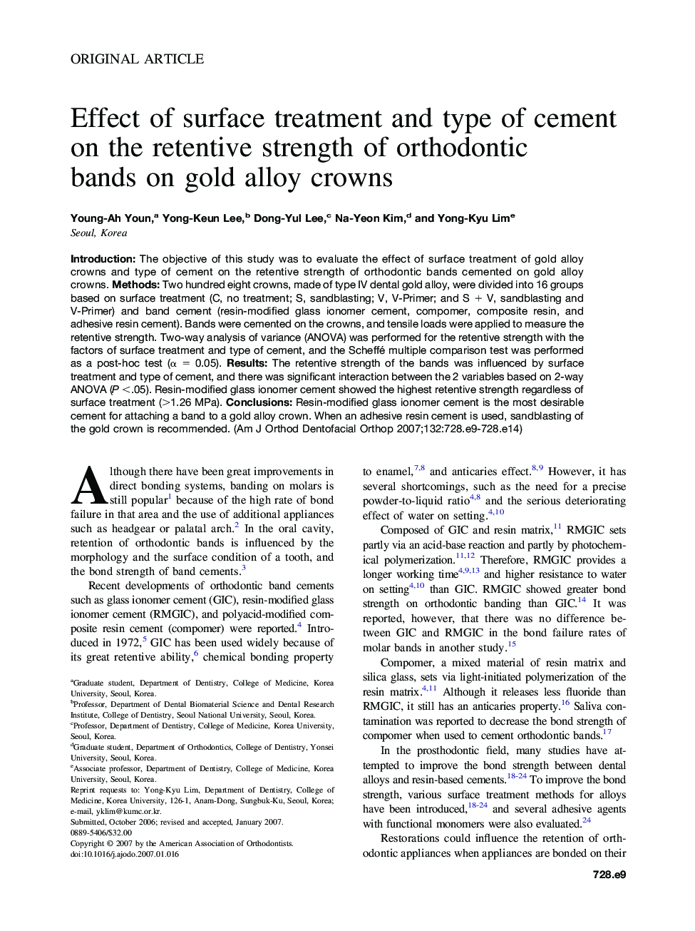 Effect of surface treatment and type of cement on the retentive strength of orthodontic bands on gold alloy crowns