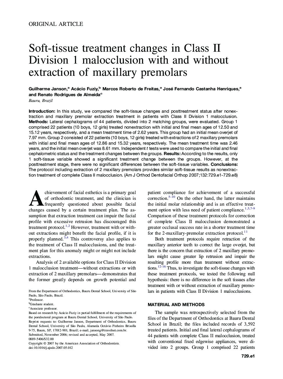 Soft-tissue treatment changes in Class II Division 1 malocclusion with and without extraction of maxillary premolars