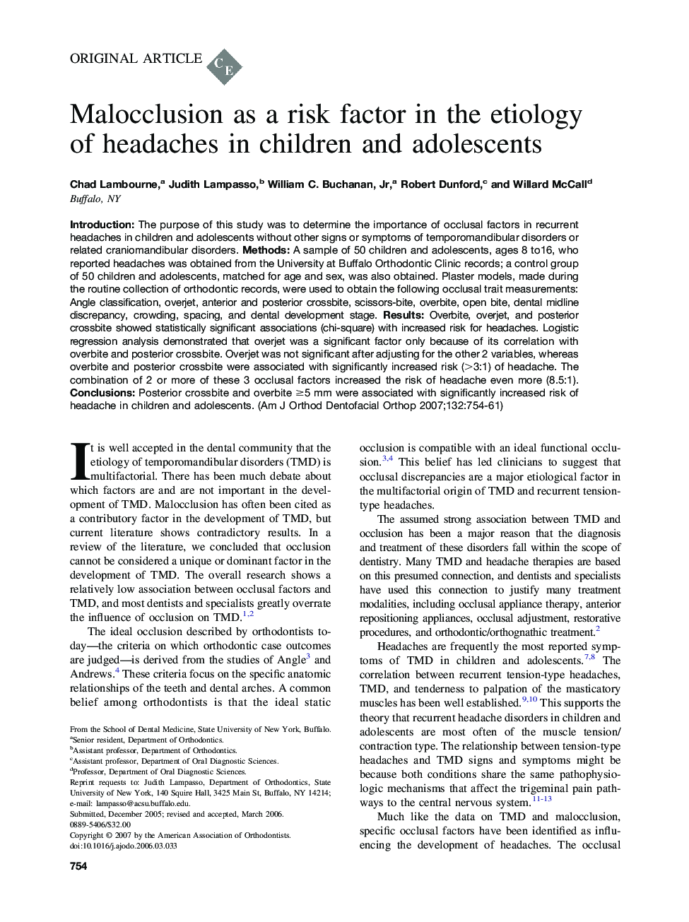 Malocclusion as a risk factor in the etiology of headaches in children and adolescents