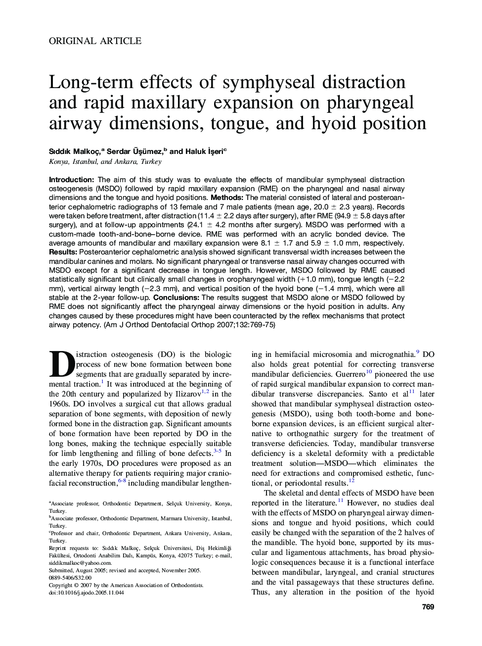 Long-term effects of symphyseal distraction and rapid maxillary expansion on pharyngeal airway dimensions, tongue, and hyoid position