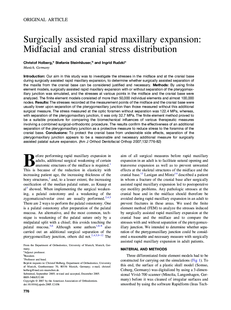 Surgically assisted rapid maxillary expansion: Midfacial and cranial stress distribution