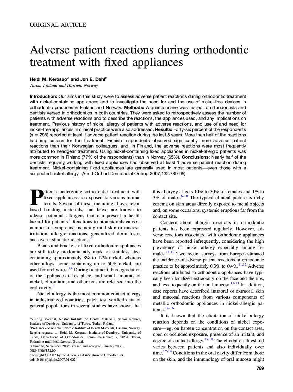 Adverse patient reactions during orthodontic treatment with fixed appliances