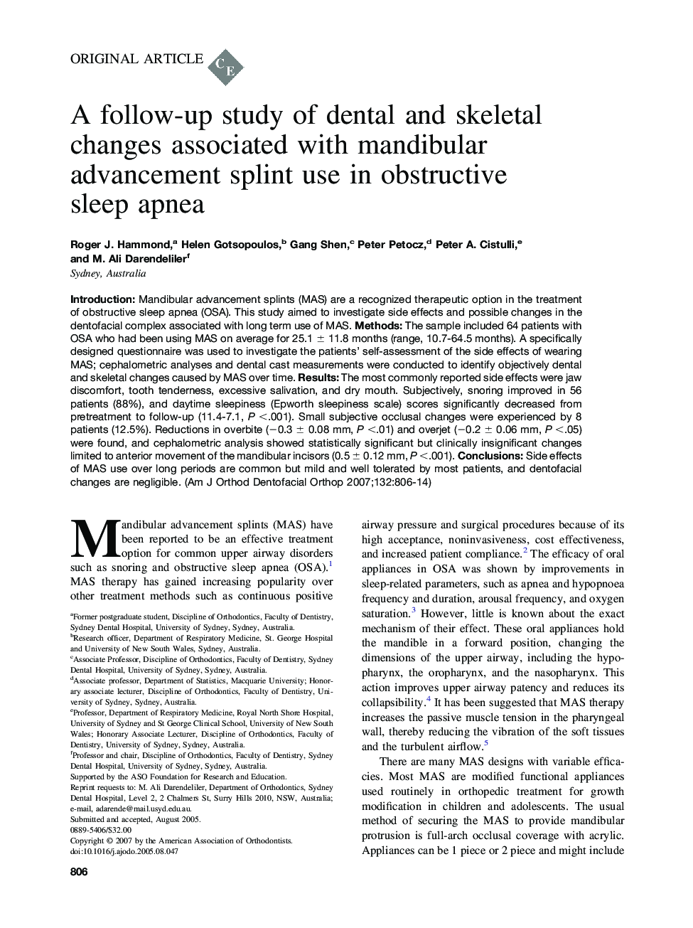 A follow-up study of dental and skeletal changes associated with mandibular advancement splint use in obstructive sleep apnea 