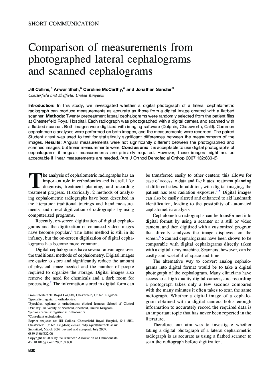 Comparison of measurements from photographed lateral cephalograms and scanned cephalograms