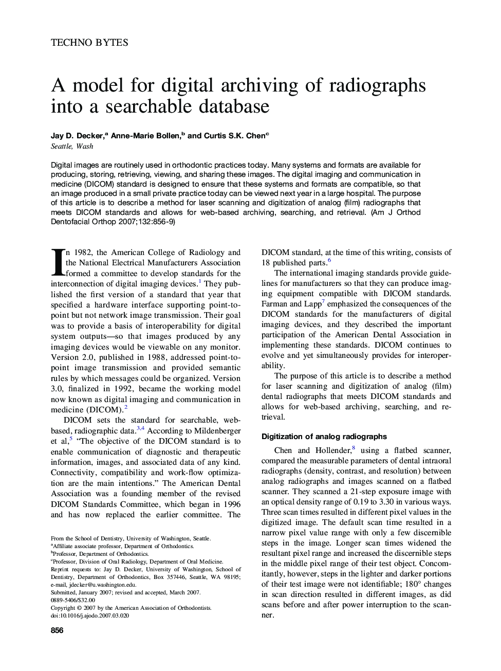 A model for digital archiving of radiographs into a searchable database