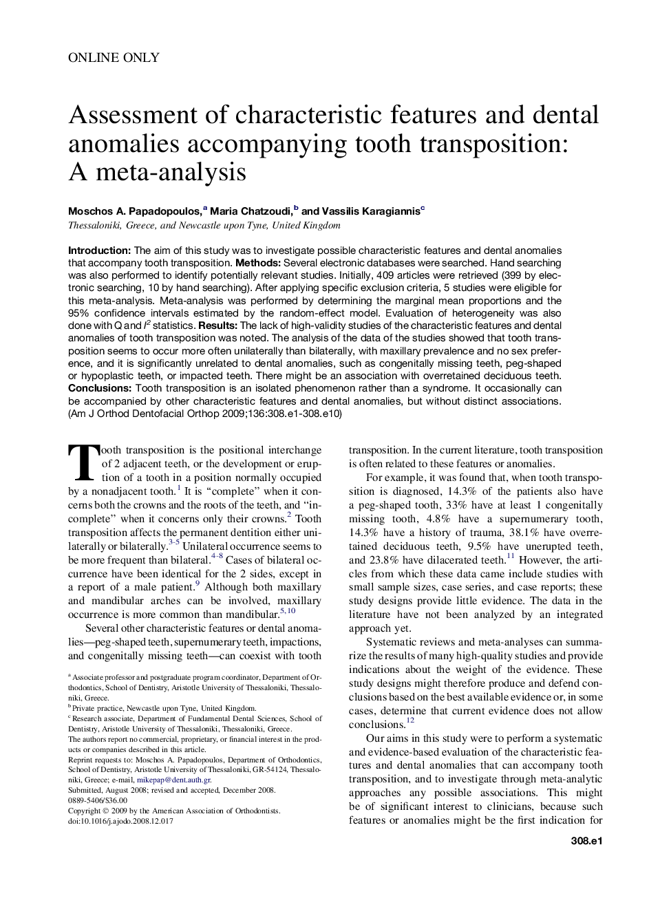 Assessment of characteristic features and dental anomalies accompanying tooth transposition: A meta-analysis