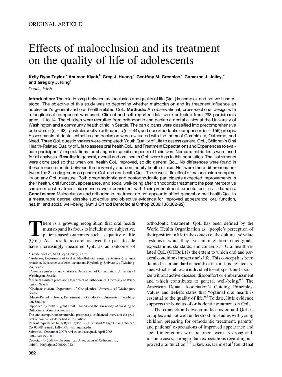 Effects of malocclusion and its treatment on the quality of life of adolescents 