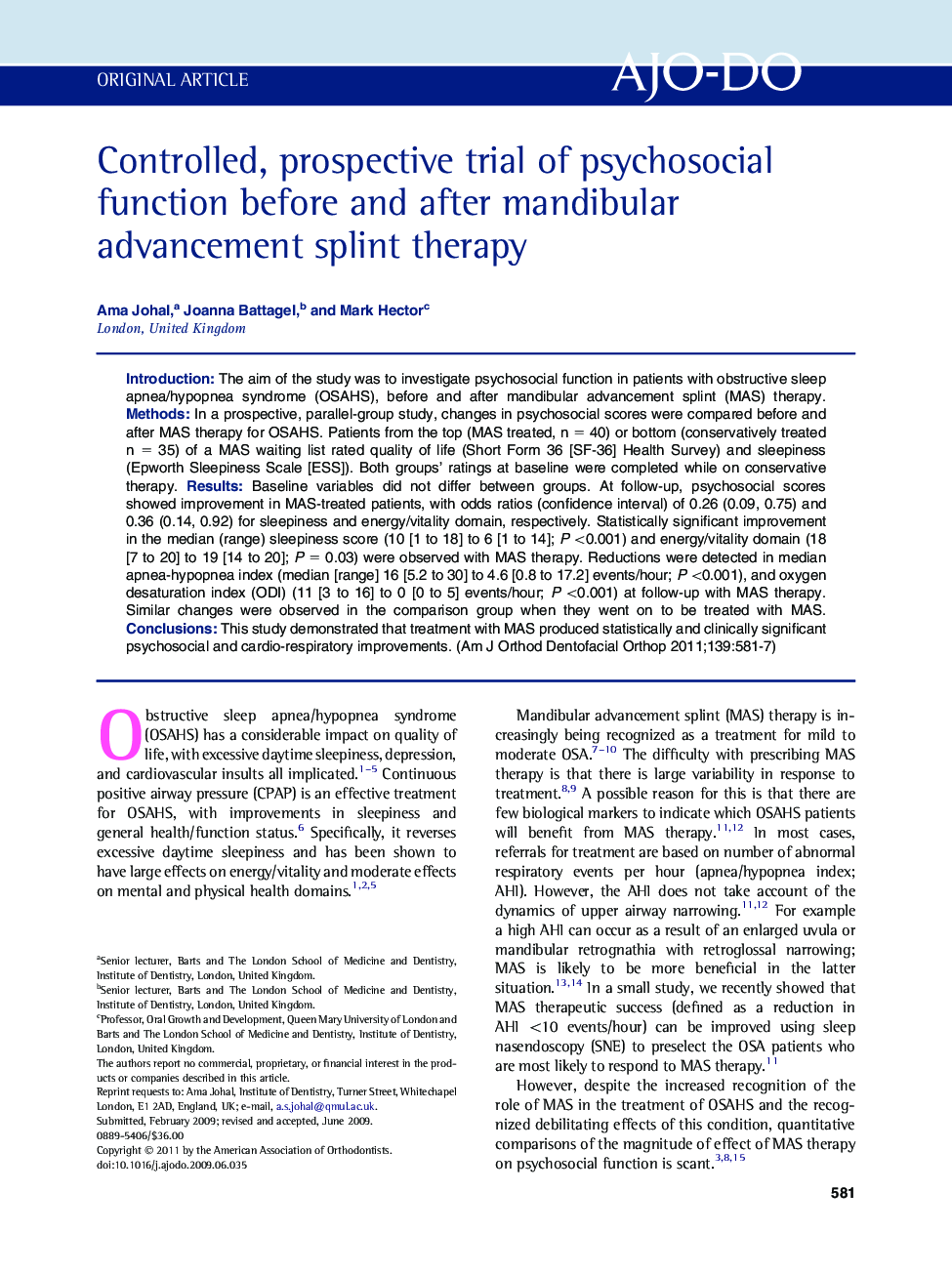 Controlled, prospective trial of psychosocial function before and after mandibular advancement splint therapy 