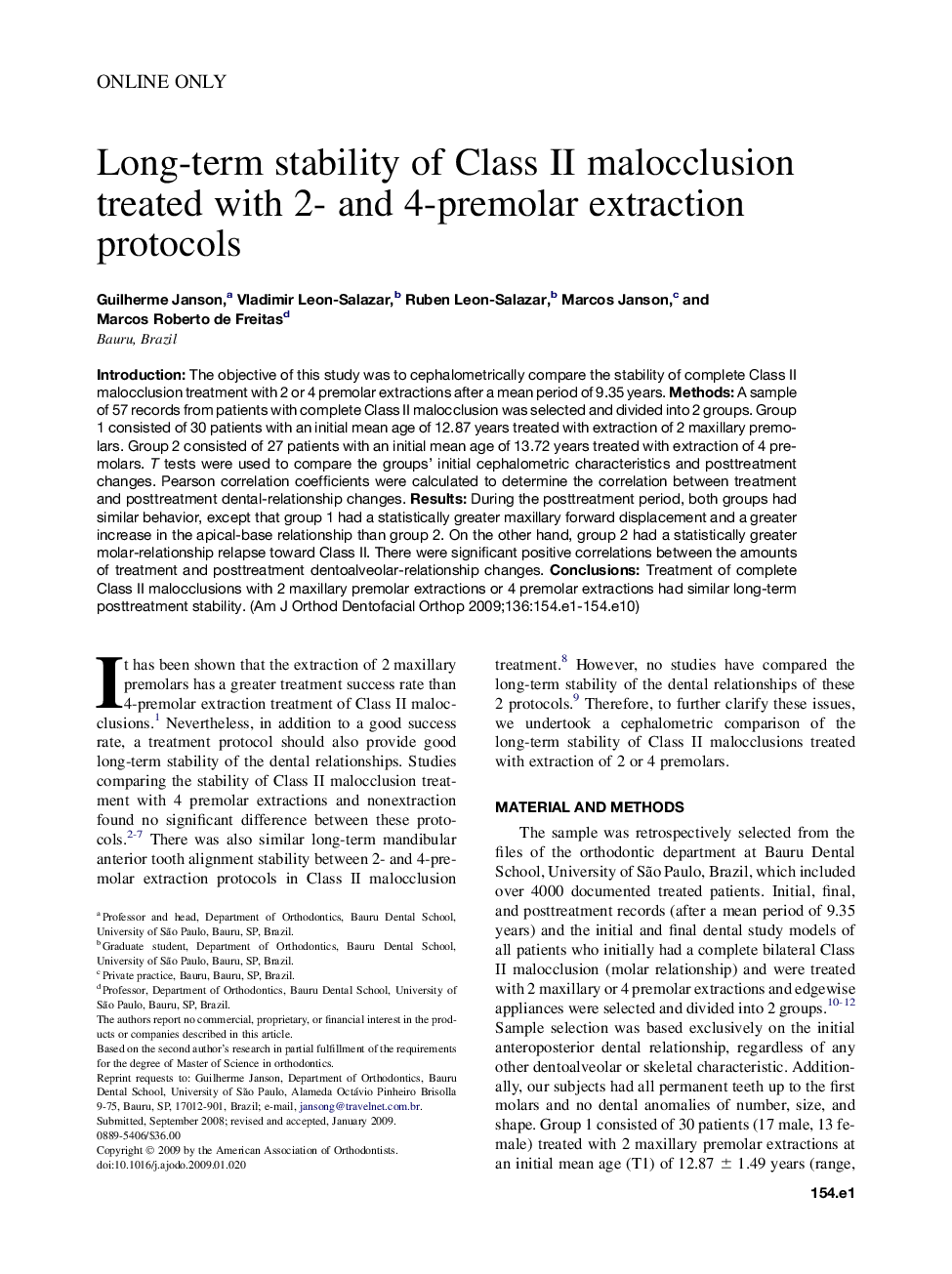 Long-term stability of Class II malocclusion treated with 2- and 4-premolar extraction protocols