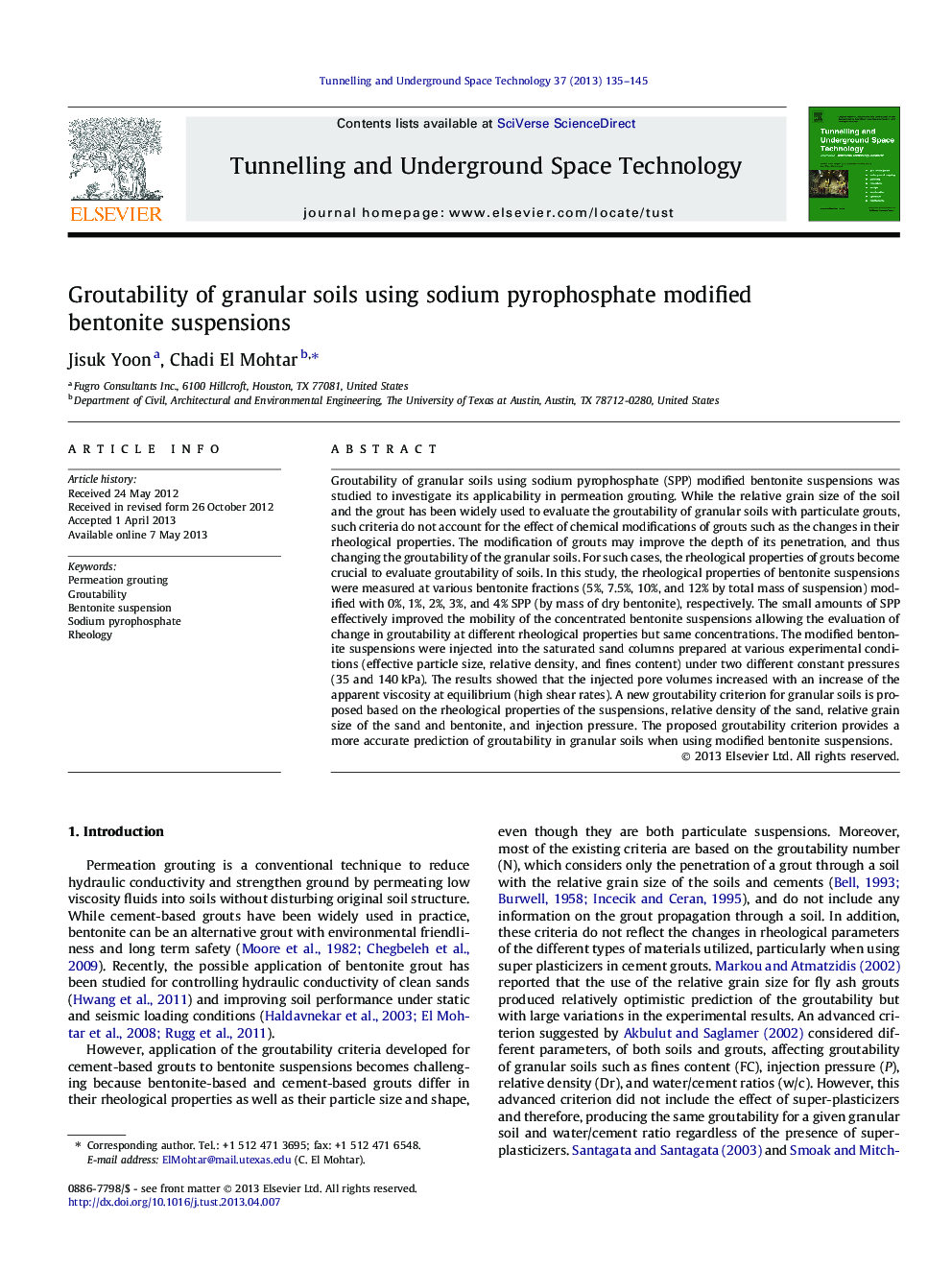 Groutability of granular soils using sodium pyrophosphate modified bentonite suspensions