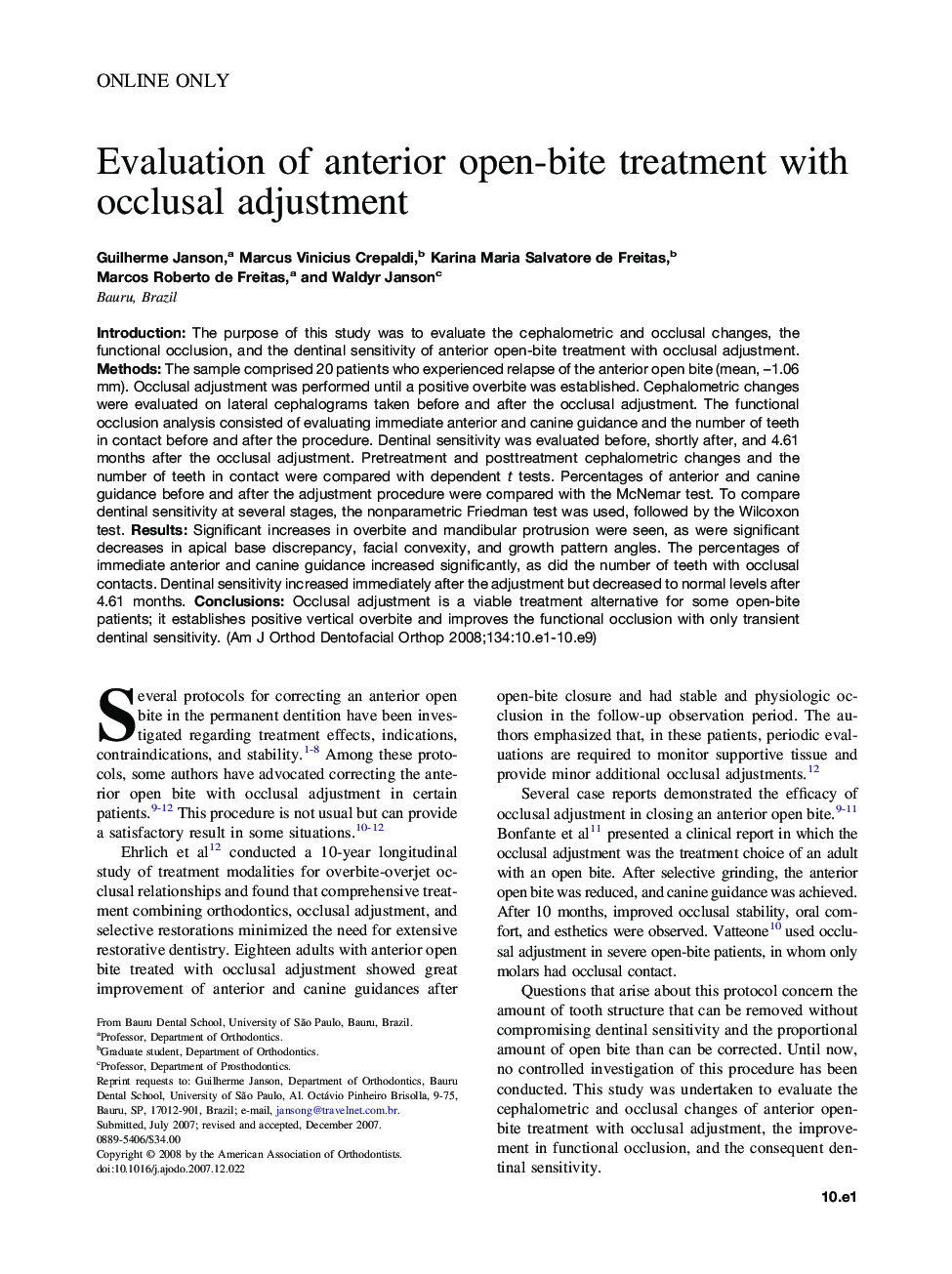 Evaluation of anterior open-bite treatment with occlusal adjustment