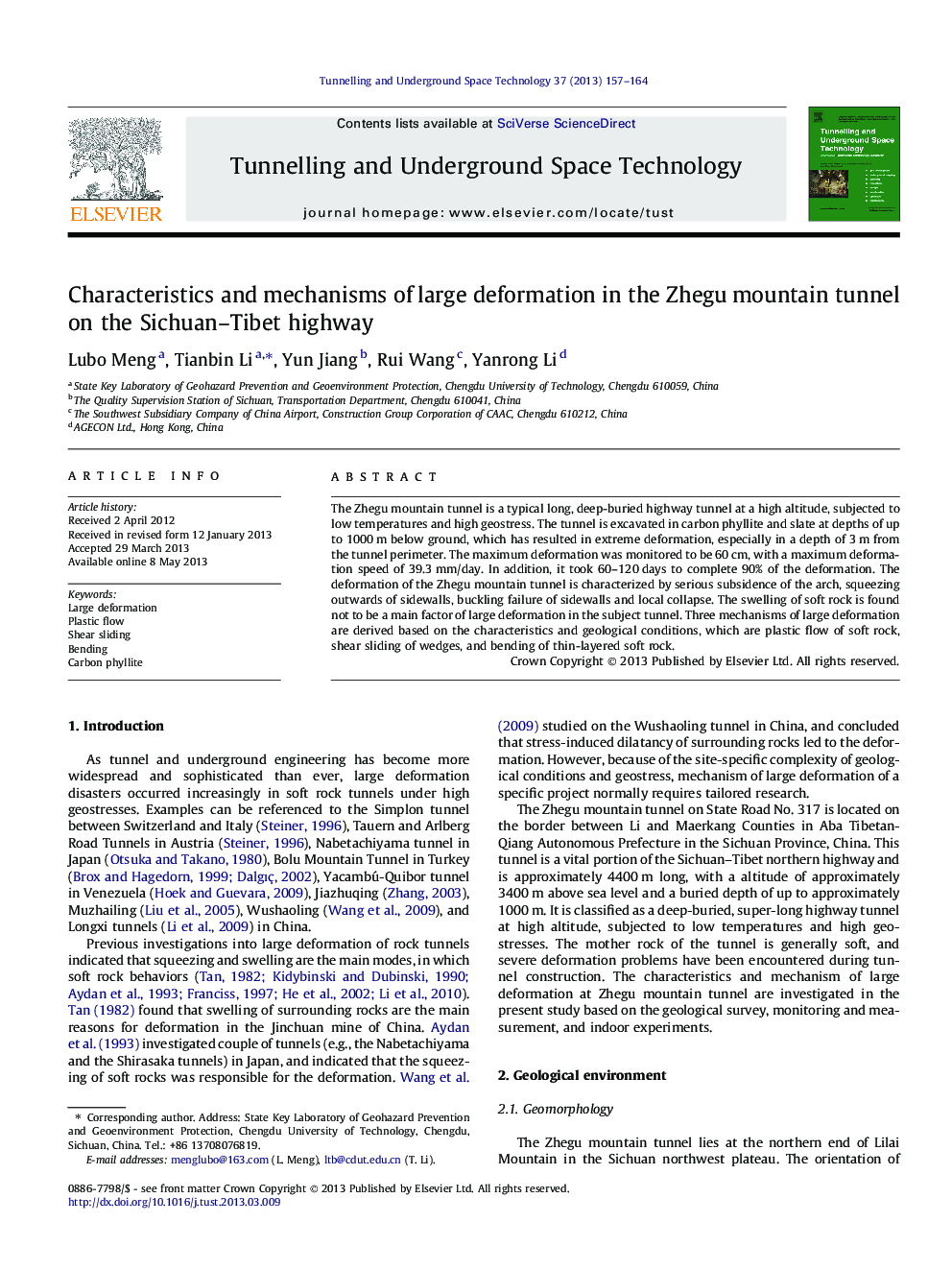 Characteristics and mechanisms of large deformation in the Zhegu mountain tunnel on the Sichuan–Tibet highway