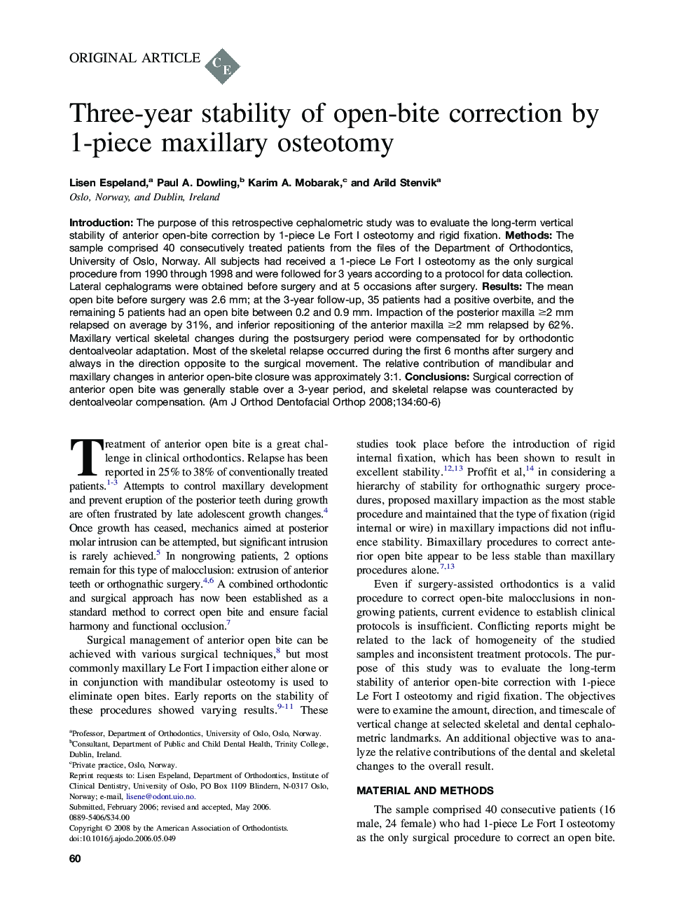 Three-year stability of open-bite correction by 1-piece maxillary osteotomy