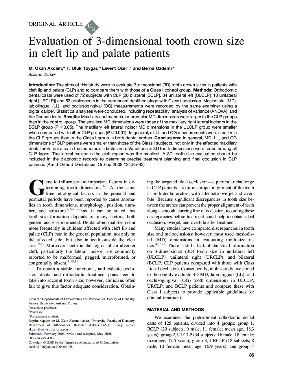 Evaluation of 3-dimensional tooth crown size in cleft lip and palate patients